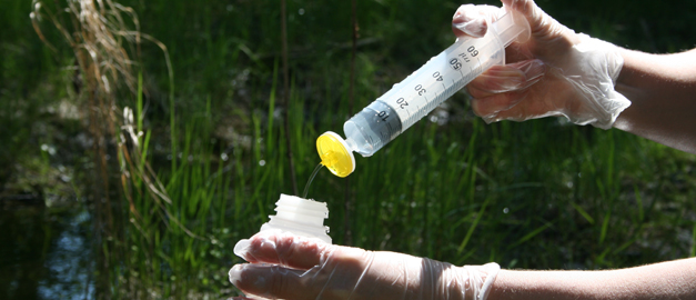 Provtagning i Hammarby källa.  Plasthandskeklädda händer sputar vatten från spruta ner i provflaska. Foto.