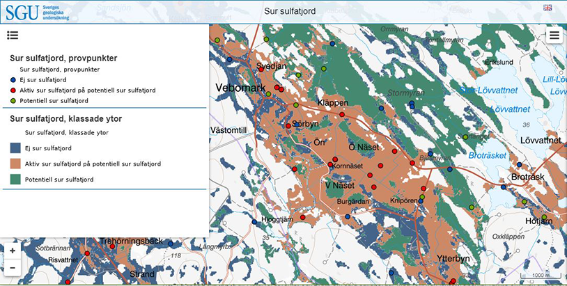 Exempelbild fr&aring;n SGUs kartvisare "Sur sulfatjord".