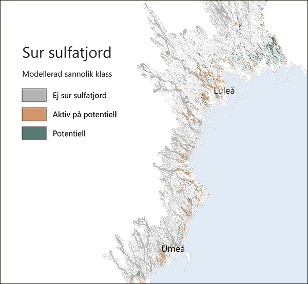 Bilden visar en karta med områden kring norra Bottenhavet där det är stor sannolikhet att ur sulfatjord förekommer.