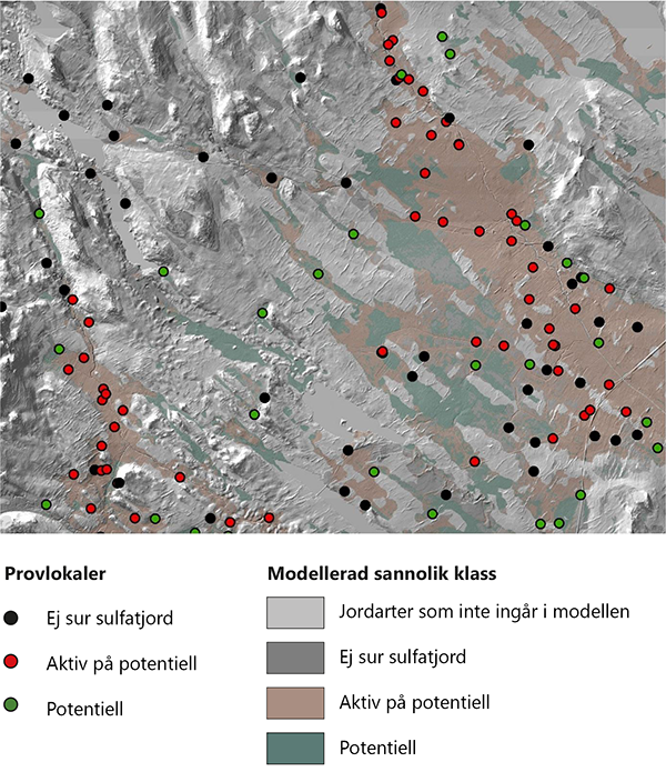 Kartan visar ett område vid Ersnäs med modellerad förekomst av sur sulfatjord.