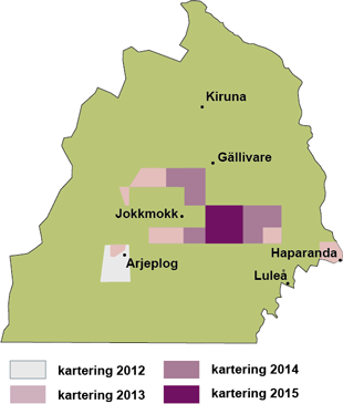 Karta som visar var SGU g&ouml;r berggrundsgeologiska unders&ouml;kningar i nordligaste Sverige under perioden 2012-2015.