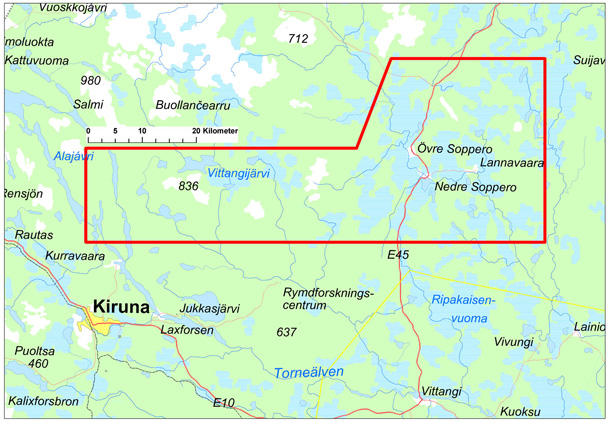Karta som visar det omr&aring;de d&auml;r SGU utf&ouml;r flygm&auml;tningar inom Barentsprojektet sommaren 2013.