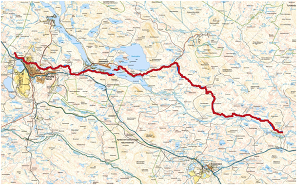Karta som visar m&auml;tprofilen mellan Kiruna och Vittangi d&auml;r de seismiska m&auml;tningarna genomf&ouml;rdes inom Barentsprojektet sommaren 2012.