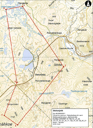 Karta som visar detaljavgr&auml;nsning av ett riksintresse i Stekenjokk.