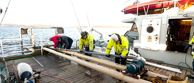 Några människor arbetar med provtagning på ett fartyg. Foto.