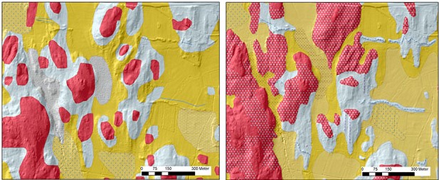 Bild p&aring; tv&aring; kartor som visar jordarter &ouml;ver samma omr&aring;de, den v&auml;nstra f&ouml;re och den h&ouml;gra efter uppgradering.