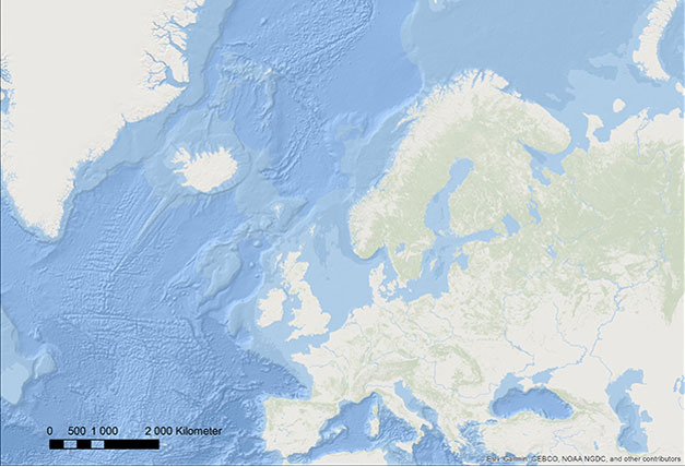 Karta &ouml;ver kontinentalsockeln. P&aring; bilden utg&ouml;rs kontinentalsockeln av de ljusare bl&aring; f&auml;lten i anslutning till land och sockeln avlutas vid kontinentalbranterna utanf&ouml;r Norges, Storbritanniens, Irlands och Frankrikes v&auml;stkuster. Svensk havsbotten &auml;r en del av kontinentalsockeln.
