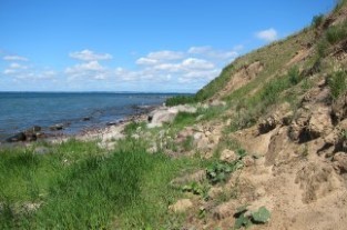 Tv&aring; foton fr&aring;n samma st&auml;lle vid Fortuna, s&ouml;der om Helsingborg, p&aring; Sk&aring;nes v&auml;stkust. Det v&auml;nstra &auml;r taget i juni 2012, den h&ouml;gra &auml;r tagit i september 2016. En p&aring;taglig erosion, orsakad av skred i de finkorniga sedimenten, har &auml;gt rum. Huvuddelen av erosionen skedde i samband med stormen Sven i december 2013. Foto K&auml;rstin Malmberg Persson.