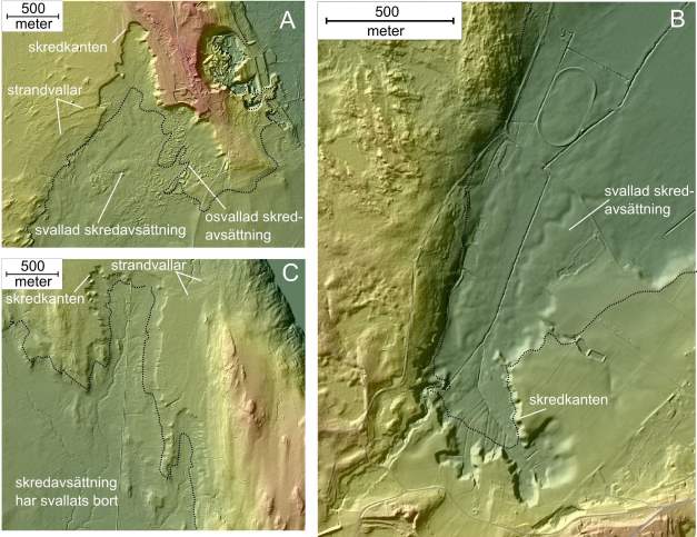 Tre stora skred som intr&auml;ffade i v&auml;stra Sverige, l&auml;ngs den d&aring;tida kusten, f&ouml;r mellan 11 000 och 10 000 &aring;r sedan visas ovanp&aring; Lantm&auml;teriets nationella h&ouml;jdmodell. Orange f&auml;rg visar p&aring; h&ouml;gre elevation och den gr&ouml;na f&auml;rgen visar p&aring; mindre elevation. Svarta prickade linjer indikerar kustlinjens l&auml;ge n&auml;r skreden intr&auml;ffade. A. R&aring;da, Lidk&ouml;pings kommun. B. Lerdala, G&ouml;tene kommun. C. Sunne, Sunne kommun. 