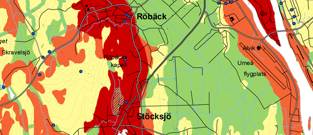 Utsnitt från Sårbarhetskarta för grundvatten utifrån räddningstjänstens behov Umeå kommun Skala 1:50 000 20K Umeå NV so.